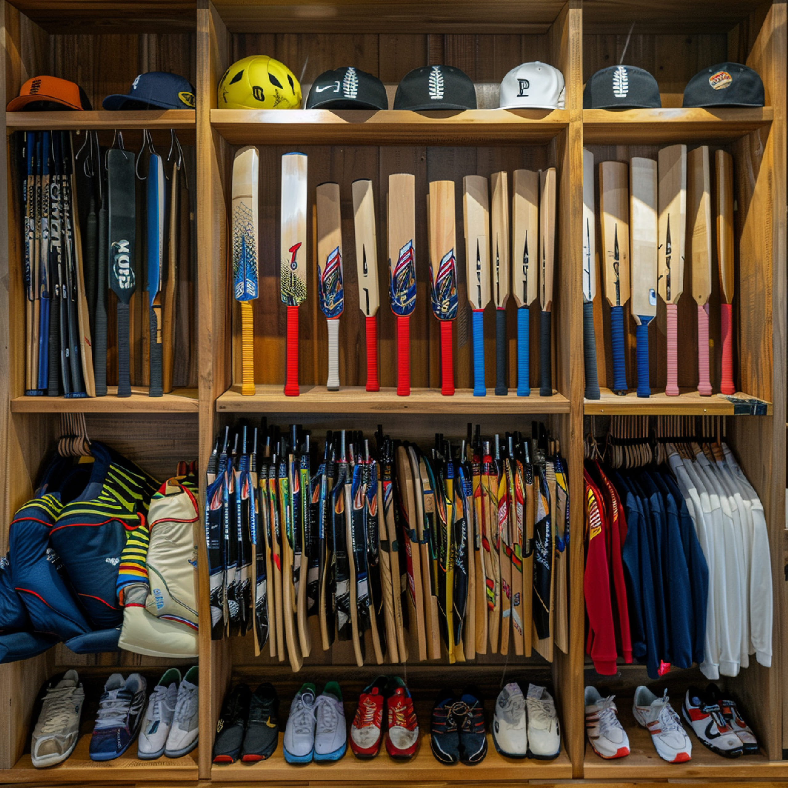 cricket-kit-displayed-neatly-sports-equipment-store